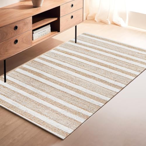 Area Rug Farmhouse 3x5 Feet - Hand Woven Jute Cotton Rug Bohemian Rustic Vintage - Non Slip Floor Rug for Bedroom Living Room Kitchen Dorm Entryway Hallway - Area Rug Natural White - color: Natural White, size: 3'x5'