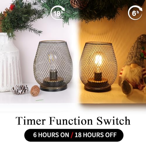 Set of 2 Battery Operated Lamp LED Table Lantern, Golden Metal Cage Cordless Lamps with LED Bulb，Vintage Decorative Outdoor Lantern for Weddings, Parties, Patio, Events for Indoor Shelf Decor - style: Golden Egg / Timer