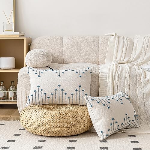 LILEPOY Boho Throw Pillow Covers 12x20 Set of 2 Neutral Decorative Textured Cushion Case Farmhouse Pillowcase Modern Lumbar Pillow Covers for Sofa,Couch, Living Room,Beige and Blue - color: Beige and Blue, size: 20" x 12" (Pack of 2)