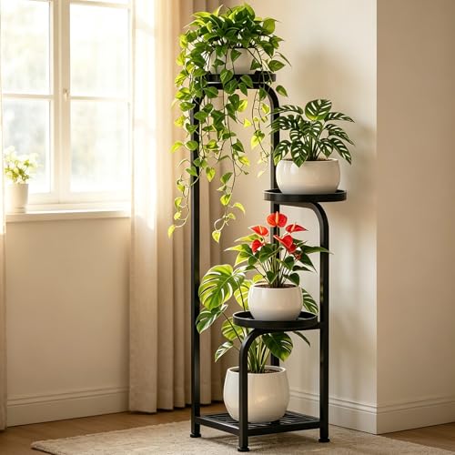 TOSKING 33.4" Tall 4-Tier Square Plant Stand, Anti-Tip Design with Bottom Grid for Heavy Pots, Child & Pet Friendly, Heavy Duty Corner Shelf for Indoor/Outdoor Use, Space Saving Metal Flower Pot Stand for Balcony Garden Living Room Patio, Black - color: B