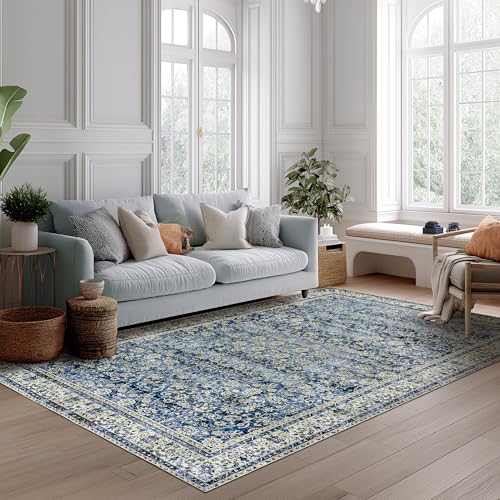 Blue Area Rugs 5x7 Vintage Boho Flower Distressed Low Pile Rug with Rubber Backing Dark Blue Non Slip Stain Resistant 5x7 Washable Rug for Living Room Bedroom Dining Room Carpet for Under Table - color: Blue, size: 5' x 7' (Rectangular)
