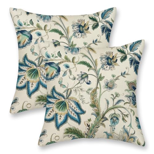 Sage Green Blue Pillow Covers 16x16 Inch 2 Pcs Spring Chinoiserie Floral Decor Throw Pillows Boho Vintage Flower Seasonal Outdoor Decoration Pillowcase Linen Cushion Cover for Couch Sofa Bed - color: Sage Green Blue Floral, size: 16" x 16" (Pack of 2)