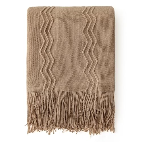 MIULEE Tan Taupe Knitted Throw Blanket for Couch Boho Textured Cozy Woven Blanket with Tassels for Sofa Chair Bed Living Room Farmhouse Home Decor Acrylic Wave Pattern 50"x60" - color: Tan Taupe, size: 50" x 60"
