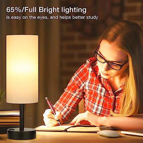 Dicoool Bedside Touch Table Lamps for Bedroom Nightstand with USB-C USB-A Charging Ports White, 3 Way Dimmable Small Lamp Fabric Shade Black Base for Office, Living Room, Dorm Room Reading - color: White-Black Metal, size: 14in