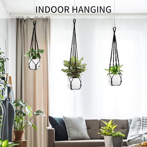Macrame Plant Hanger - Fits 4-15 Inch Pots, 43"/35"/29" Different Sizes Set, Hanging Planter Holder for Indoor Outdoor, Cotton Rope Boho Home Decor, Black - color: Black, size: 43+35+29in