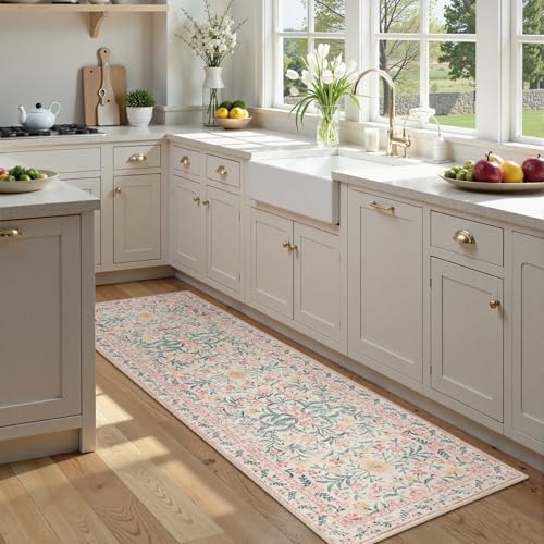 Morebes Boho Hallway Runner Rug 2x6, Pink Floral Kitchen Runner Rugs for Bedroom Girls, Washable Non Slip Super Soft Indoor Throw Carpet for Bathroom Laundry Room Entryway - color: Pink, size: 2' x 6' (Rectangular)