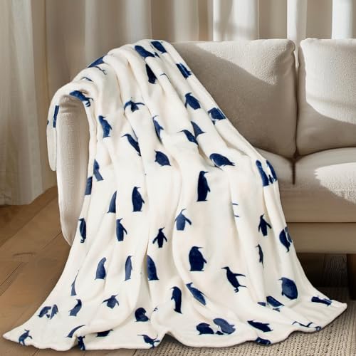 MACEVIA Flannel Fleece Penguin Throw Blanket, Cute & Soft for Bed, Sofa, Travel & Camping, 260GSM (Navy, 50"x60") - color: Penguin Print Navy, size: Flannel Fleece (50x60 IN)