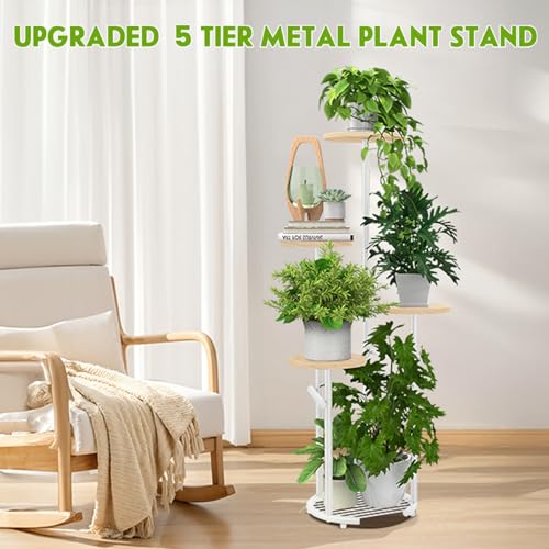 TOSKING 5-Tier Thickened Metal Plant Stand, Anti-Tip Round Base for Pots, Child & Pet Friendly, Corner Shelf Flower Pot for Multiple Plants, Indoor Outdoor Use for Living Room Balcony Patio Garden (White and Wood, 42in) - color: White and Wood, size: 5tie