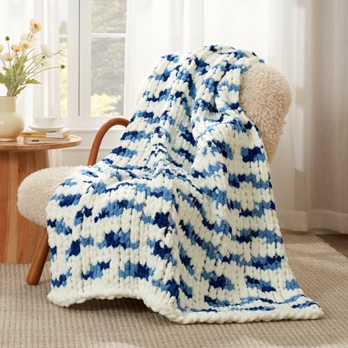 Amélie Home Chunky Knit Throw Blanket for Couch, Soft Chenille Handmade Crochet Throw Rope Knot Blanket for Couch, 50"x60", Space-Dyed Blue Striped - color: Blue/White Stripe, size: 50"x60"