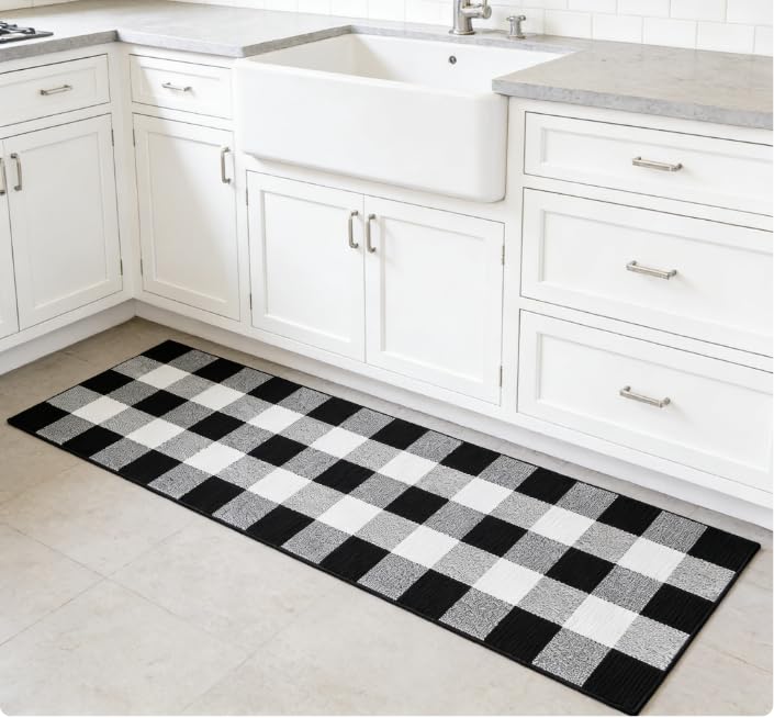 Checkered Runner Rugs 2x6 ft Black White Buffalo Plaid Cotton Woven Rug, Washable Runner Rug for Hallways Kitchen Bedroom Living Room Porch Farmhouse Decor Area Rug - color: Black and White, size: 2‘×6’