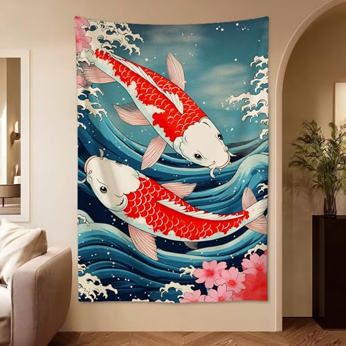 QEOPGNE Large Wall Tapestry Koi Fish Japanese Great Waves Cherry Blossom Retro Large Tapestry Wall Decor for Bedroom Aesthetic Living Room Decor for Men And Woman 40""x60"", style - color: Style, size: 60"L x 40"W