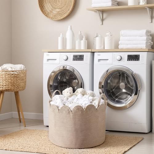 LemonRoad Brown Variegated Round Basket Large Blanket Basket 20"L X 20"W X 13"H Scalloped Woven Baskets Cotton Storage Baskets for Nursery Classroom Closet Blankets Storage Home Decor - color: Brown Variegated, size: 20"L X 20"w X 13"h