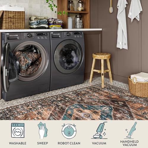 Lahome 2x4 Washable Entryway Runner Rug - Non-Slip Ultra-Thin Stain Resistant Kitchen Rugs, Oriental Print Carpet Runner for Hallway Bedroom Laundry Room Adelyn - color: Dull Teal, size: 2' x 4' (Rectangular)