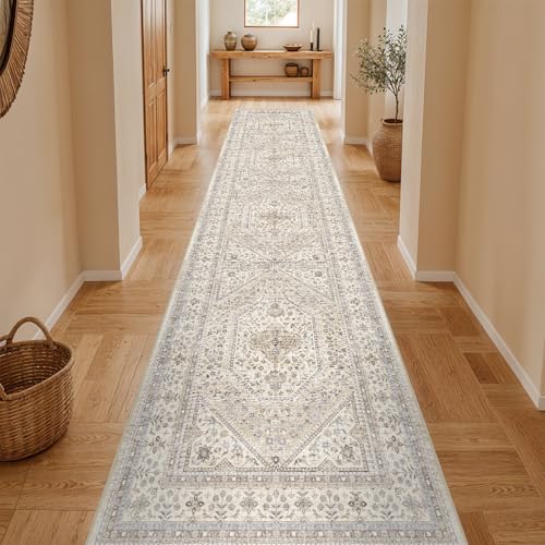 3x14 Runner Rug for Hallway Washable: Non Slip Kitchen Rugs with Rubber Backing Soft Waterproof Mats Stain Resistant Indoor Vintage Carpet Runner for Bedroom Bathroom Laundry Entryway Beige/Gray - color: Beige/Gray, size: 3' x 14' (Rectangular)