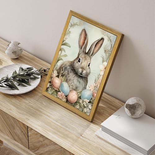 Easter Bunny Wall Art, Vintage Rabbit Canvas Wall Decor, Easter Eggs Poster Print Picture, Spring Farmhouse Animal Painting for Living Room Bedroom Kitchen Holiday Home Decor 12x16 Inch Wood Framed - color: Easter Bunny A, size: 16"L x 12"W
