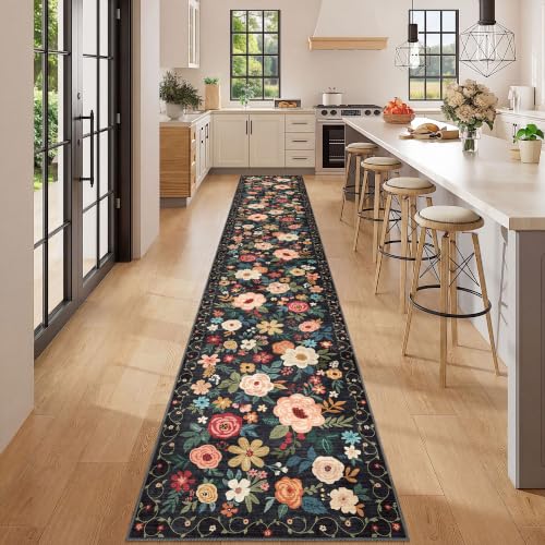 DUKINO 2x12 Washable Runner Rug, Ultra Soft Floral Runner Rug for Hallway, Boho Non Slip & Non Shedding Indoor Entryway Carpet for Kitchen, Laundry Room, Bathroom, Bedroom, Entrance, Black - color: Black, size: 2' x 12' (Rectangular)