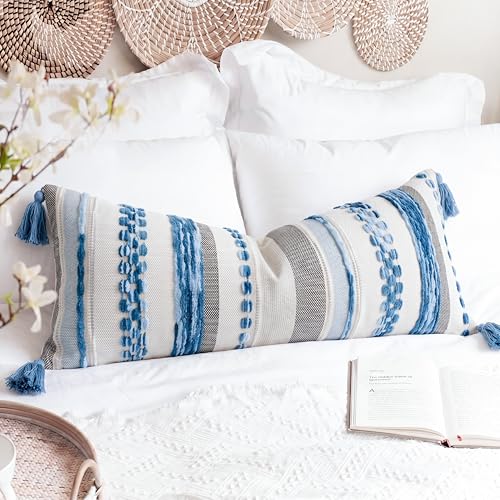 PANOD Boho Long Lumbar Throw Pillow Cover 14 x 36 Blue, Chenille Morocan Extra Long Pillow Case Cover, Decorative Long Pillow for Bed Couch Sofa Farmhouse - color: Sky Blue Tone, size: 36" x 14" (Pack of 1)