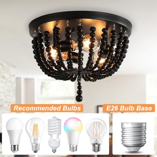 Black 14.1 inch Boho Chandelier,3-Light Wood Beaded Chandelier Light Fixture Bohemia Draped Bead Chandelier, Flush Mount Ceiling Light Fixture for Dinning Room Bedroom Hallway - color: Black 14.1"
