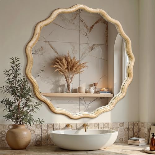 Circle Wood Mirrors for Wall, Wavy Round Bathroom Scalloped Mirror Wooden Frame 36 Inch for Living Room Farmhouse Bedroom Hallway Entryway Living Room with Shatterproof Glass Wall Mounted - size: 36"L x 36"W