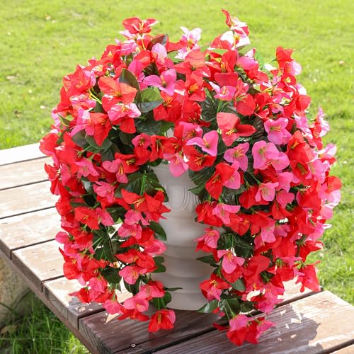 Faux Bougainvillea Artificial Flowers Plants for Outdoors Outside Decoration, 2 pcs Fake Flowers Realistic UV Resistant Silk Long Trailing Vines for Front Door Porch Planter Urn Patio Balcony Yard,Mix - color: Red + Hot-pink