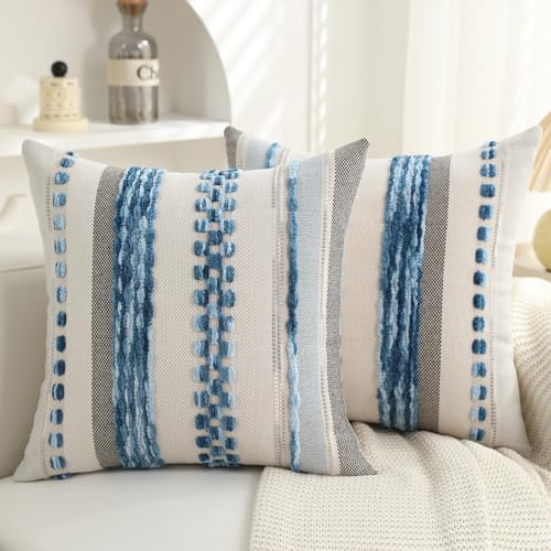 Boho Pillow Covers 18x18 Set of 2 for Couch-Modern Farmhouse Sofa Decorative Blue Throw Pillow Covers Textured Chenille Cushion Covers Outdoor Netural Bohemian Pillow Cases Square - color: Blue Stripe