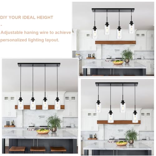 Black Pendant Light Fixtures with Clear Glass, 4-Lights Adjustable Height Hanging Ceiling Lights, Kitchen Island Lighting for Living Room Office Bar Farmhouse - color: Black, size: 4-Light