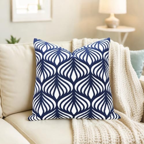 Slow Cow Embroidery Decorative Throw Pillow Cover Case for Couch Sofa Home Decor Modern Geometric Accent Pillow Cushion Cover 18 x 18 Inches Navy Blue - color: Navy Leaves, size: 18" x 18" (Pack of 1)