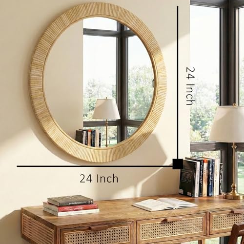 24"x24" inch Rattan Mirrors for Wall, Rustic Farmhouse Style Handmade Wicker Rattan Frame, Boho Wall Mirror for Bedroom, Bathroom, Livingroom, Hallway - color: Round 24*24
