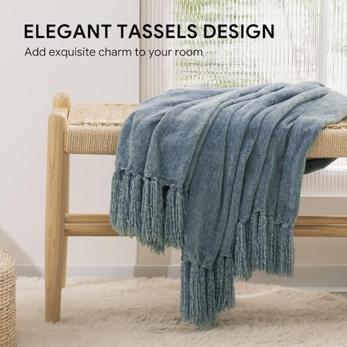 RECYCO Throw Blanket Soft Cozy Chenille Throw Blanket with Fringe Tassel for Couch Sofa Chair Bed Living Room Gift (Dusty Blue, 50'' x 60'') - color: Dusty Blue, size: 50'' X 60''