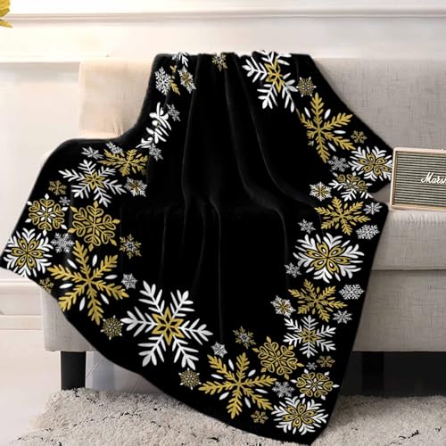 Gold White Snowflakes Chriatmas Throw Blankets, Winter Xmas Holiday Soft Fleece Blanket Decorative for Home Sofa Couch Chair Living Bedroom,40x50 Inches, Black - color: Christmas-hzf05875, size: 40x50 Inch