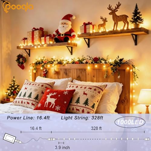 Pooqla 1000 LED Warm White Christmas Lights Indoor Outdoor Decorations, 328 ft String Lights Plug in with Timer, 8 Modes Waterproof Clear Wire Twinkle Fairy Lights for Bedroom Party Classroom Decor - color: Warm White, size: 1000LED