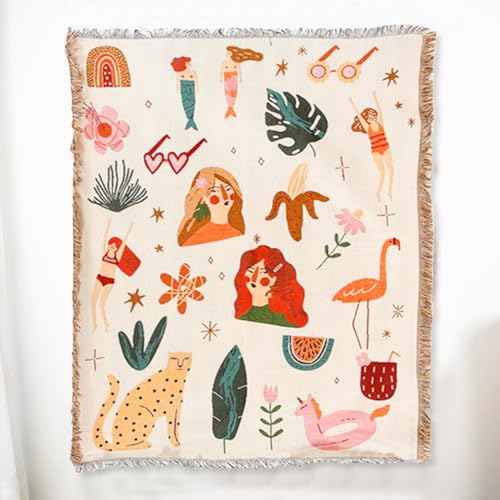 LumiSyne Double-Sided Cotton Woven Throw Blanket with Tassel Jungle Bohemian Style Tapestry Shawl Multi-Function Decorative Throws for Sofa Bed Armchair Camping Blanket Tablecloth Carpet 160x130cm - color: Beach Holiday