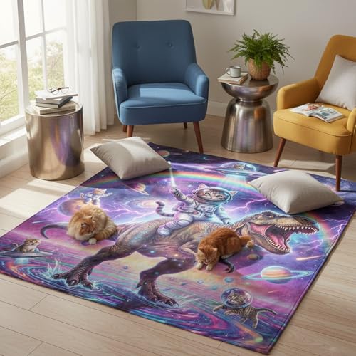 Neasow Funny Astronaut Cat Dinosaur Throw Blanket, Galaxy Space Rainbow Flannel Colorful Fun Blanket, Super Soft for Couch Dorm Sofa Room, Gifts for Kids Teens Boys, Purple 50×60 inch - color: Astronaut Cat Dinosaur, size: 60"L x 50"W