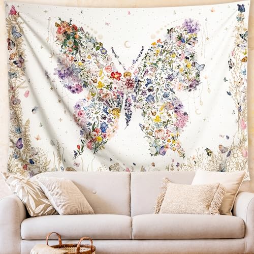 Damanse Butterfly Tapestry Wall Hanging Cute,Boho Wall Tapestry for Bedroom Aesthetic,Flower Living Room Decor for Teen Girls (White, 49.20" x 59.10") - color: White, size: 59.1"L x 49.2"W