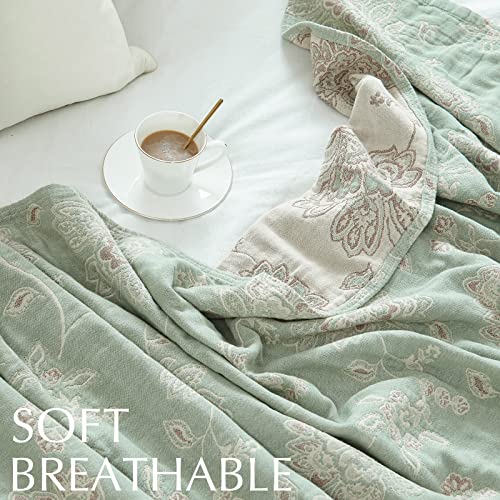 jinchan Boho 100% Cotton Muslin Twin Size 60x80 Inches Blanket Lightweight 4-Layer Quilted Soft Green and Beige Floral Throw Blanket Reversible Comfy Flower Breathable All Seasons Couch Bedroom Decor - color: Floral Green Beige, size: 60"x80"
