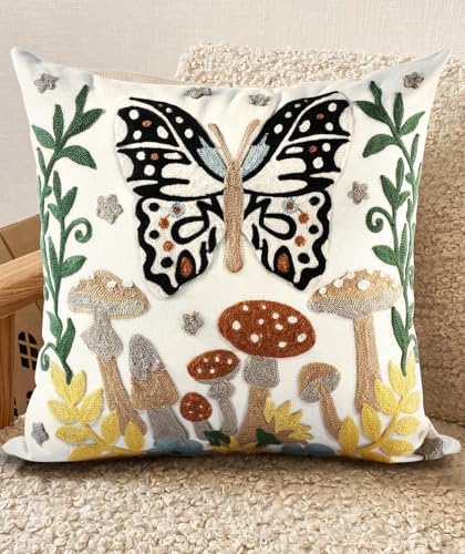 Embroidered Throw Pillow Cover - 18x18 Decorative Pillow Cover with Zipper Aesthetic Cute Design Boho Spring Summer Throw Pillowcase for Living Room Couch Sofa Bed, Butterfly Moon - color: Butterfly Moon, size: 18" x 18" (Pack of 1)