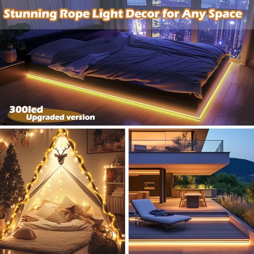 LairtPOW Thicker Tube Solar Rope Lights with Remote for Garden Decor,98FT 300LEDs Outdoor Solar String Lights for Yard,IP67 Waterproof USB Charging,Timing & 8 Modes Fairy Light for patios(Warm White) - color: Brighter-Warm White, size: 300 LED