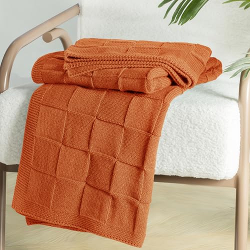 Whale Flotilla Checkered Knit Throw Blanket for Couch, Soft Decorative Knitted Blankets for Sofa Bed, Lightweight Cozy Throws for Spring Summer, 50x60 Inch, Burnt Orange - color: Burnt Orange, size: 50x60 Inch
