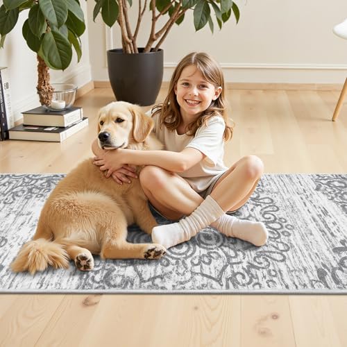 HEBE Hallway Runner Rug 3'x14' Washable Vintage Distressed Area Rugs Non Slip Laundry Rug Runner Boho Floor Carpet Runners for Hallways Entryway Laundry Room Kitchen Bathroom - color: Grey, size: 3' x 14' (Rectangular)