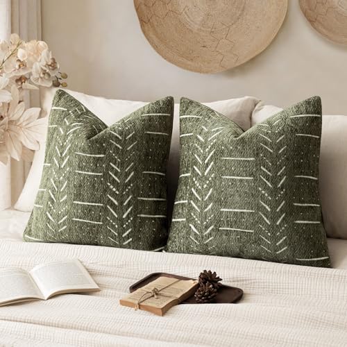 Home Décor Decorative Boho Accent Chenille Throw Pillow Covers, Textured Neutral Cushion Covers, Soft Farmhouse Pillowcase for Couch Sofa Bed Living Room, 18×18 Inch, Set of 2, Olive Green - color: Olive Green, size: 18" x 18" (Pack of 2)