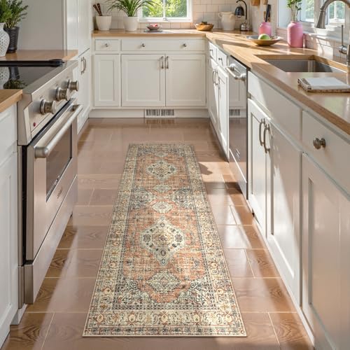 Lahome Oriental Washable Rug Runners for Hallways, 2x5 Kitchen Runner Rug Non Slip with Rubber Backing Ultra-Thin Vintage Carpet for Bedroom Bathroom Eleanor, Peach/Orange - color: Terracotta, size: 2' x 5' (Runner)
