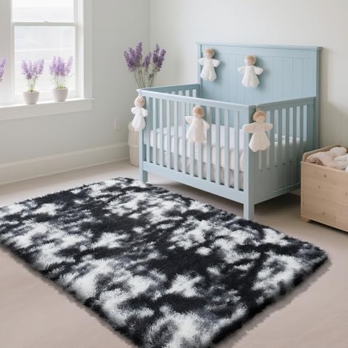Fluffy Rug Shag Area Rug, Mottling Black 2x4 Area Rugs for Bedroom, Small Bedside Rug, Soft Fluffy Shag Entryway Throw Rugs for Living Room Bedroom Room Home Decor - color: Mottling Black, size: 2' x 4' (Rectangular)