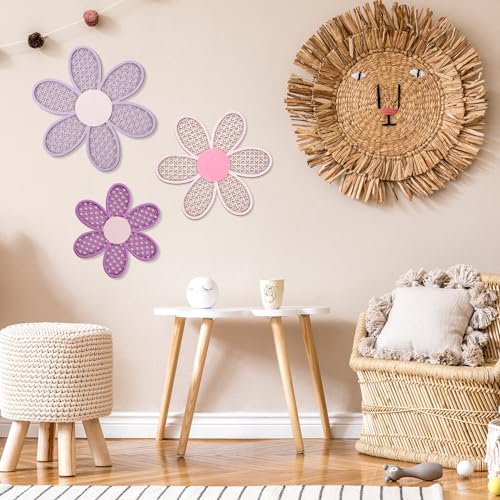 Maitys 3 Pieces Boho Daisy Wall Decor Natural Rattan Flower Wall Hanging Art Wooden Boho Art Nursery Flowers Farmhouse Hanging Decor for Home Office Nursery(Pink, Purple) - color: Pink, Purple