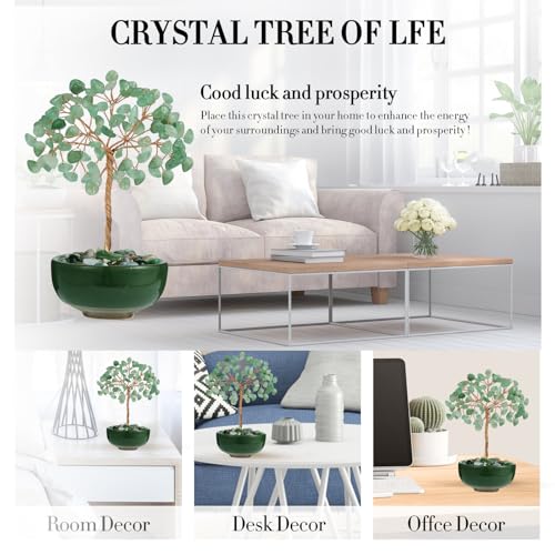 Green Aventurine Crystal Tree with Ceramic Base,Natural Gemstone Feng Shui Money Tree for Wealth,Good Luck & Positive Energy,Handmade 5 Inch Healing Abundance Bonsai for Home Office Decor - color: Green Aventurine Vase Tree-2