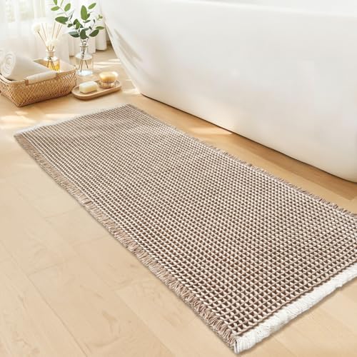Waffle Bath Mat - Boho Bathroom Rugs Non Slip Washable, Super Absorbent & Quick Dry, Soft Bath Mat Farmhouse Bathroom Decor, 20'' x 48'', Khaki and White - color: Khaki & White, size: 20'' X 48''