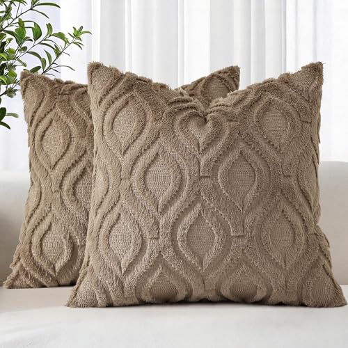 decorUhome Throw Pillow Covers 16x16 Inch Set of 2, Soft Plush Faux Wool Light Brown Solid Couch Pillow Covers, Accent Farmhouse Neutral Square Pillow Cases for Sofa Bed Living Room - color: Light Brown, size: 16" x 16" (Pack of 2)