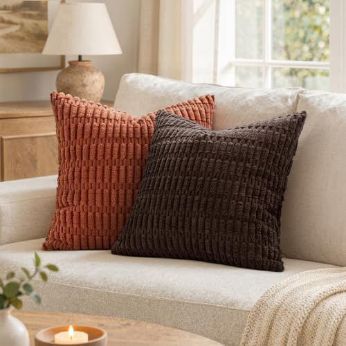 MIULEE Pack of 2 Corduroy Decorative Throw Pillow Covers 16x16 Inch Soft Boho Striped Pillow Covers Modern Farmhouse Home Decor for Sofa Living Room Couch Bed Dark Brown - color: Dark Brown, size: 16" x 16" (Pack of 2)