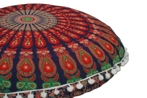 CRAFT KALA 32" in Round Mandala Floor Pillow Cushion Cover Seating Throw Cover Hippie Decorative Bohemian Ottoman Poufs Pillow Cover Cases Boho Cotton Living Yoga Home Décor Room (Multi Mirchi) - color: Multi Mirchi