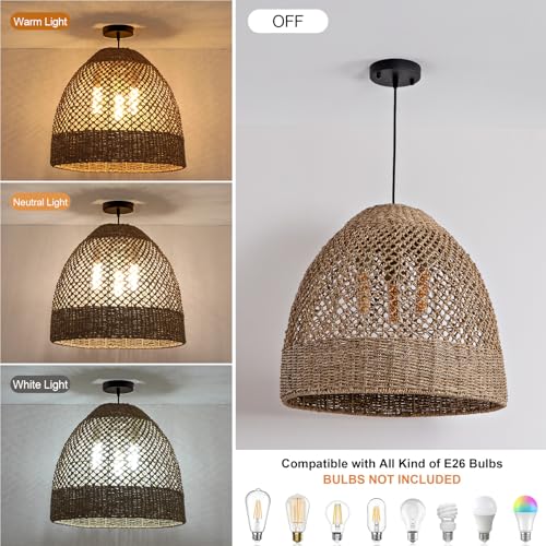 19" Farmhouse Rattan Chandelier 3-Lights Costoal Pendant Light Boho Hand Woven Wicker Hanging Light Fixture for Living Room Bedroom Dining Room Kitchen Island Foyer Restaurant Coffee - color: Coffee-D
