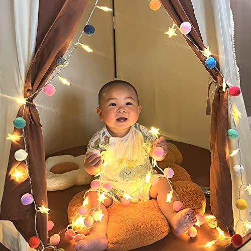 ChiRee Indoor String Lights 6.56 Feet Pom Poms Star Lights 20 LED Battery Operated String Fairy Lights Warm White Star Lights Colorful Decor Lights for Home Bedroom Kids Playhouse Holiday Christmas - style: Star-Pink and Blue